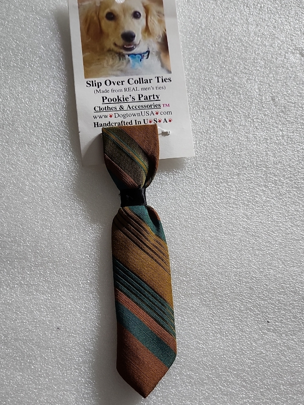 Hand Crafted Brown Teal Striped Slip Over Dog Collar Tie